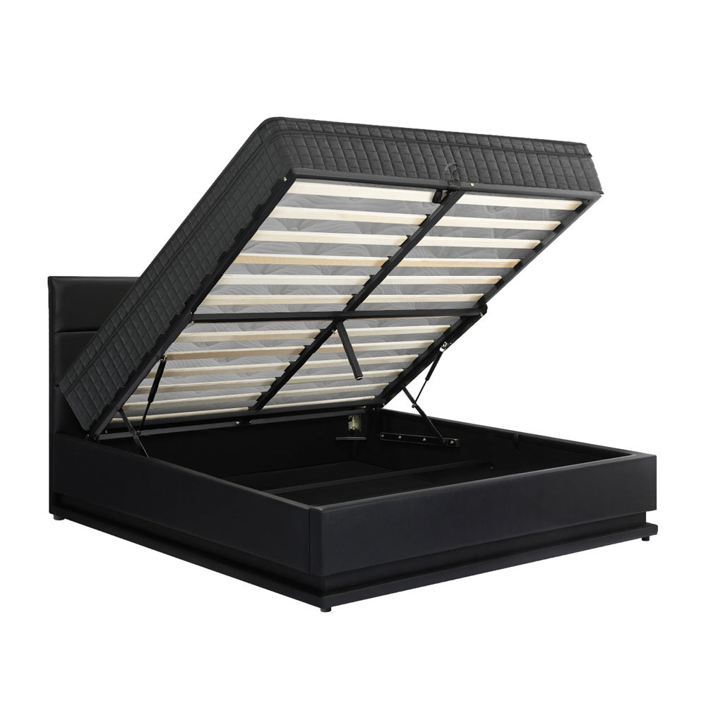 Oikiture Bed Frame with Mattress Double Size LED Gas Lift Black LAYZ