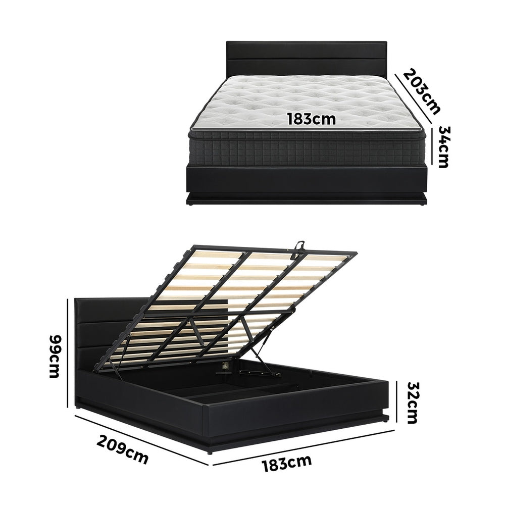 Oikiture Bed Frame with Mattress King Size LED Gas Lift Black LAYZ
