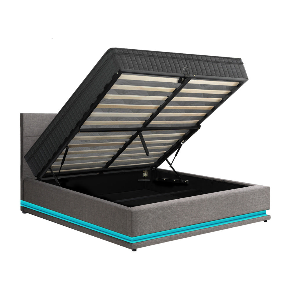 Oikiture Bed Frame with Mattress Queen Size LED Gas Lift Grey LAYZ