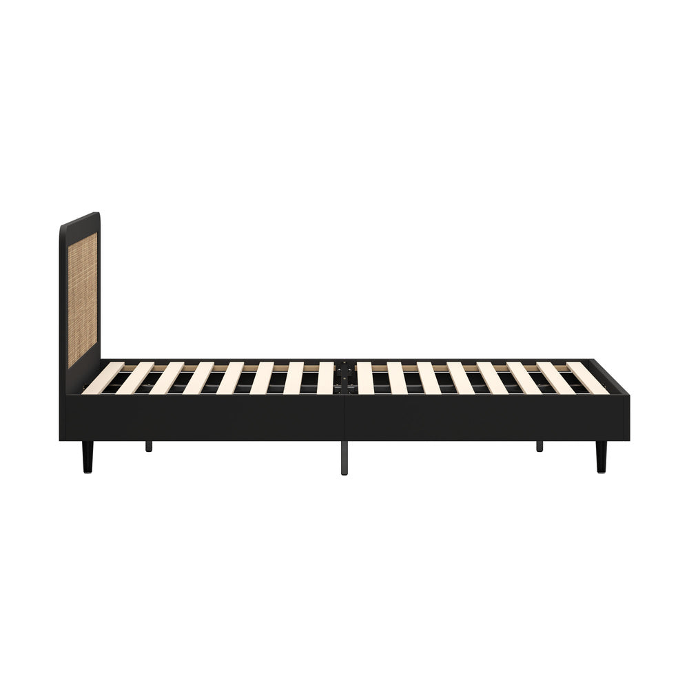 Oikiture Bed Frame Double Size Real Rattan Headboard Black