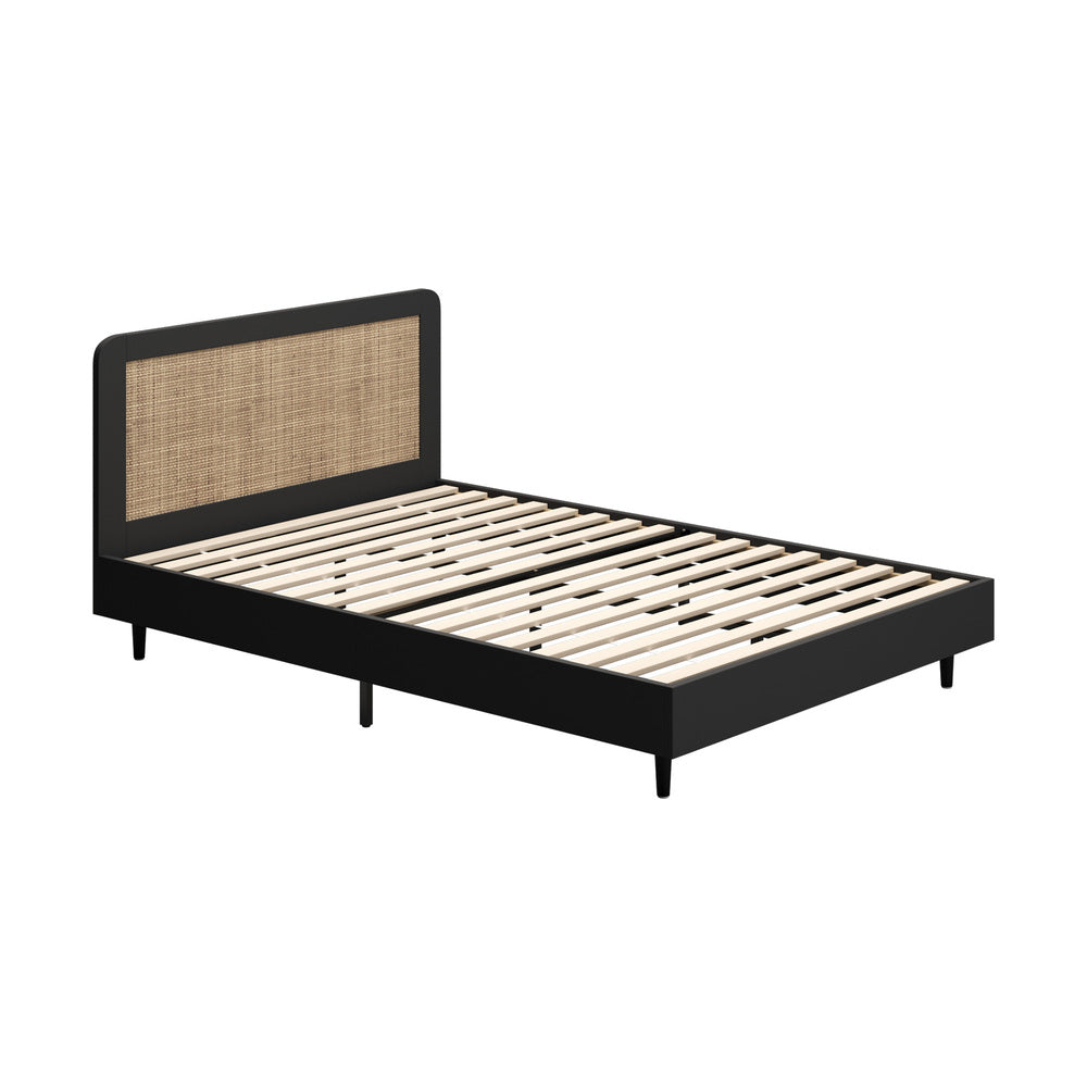 Oikiture Bed Frame Double Size Real Rattan Headboard Black