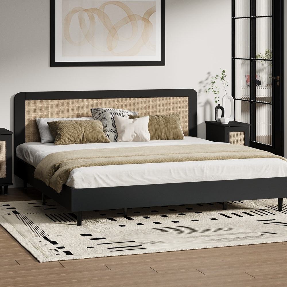 Oikiture Bed Frame King Size Real Rattan Headboard Black