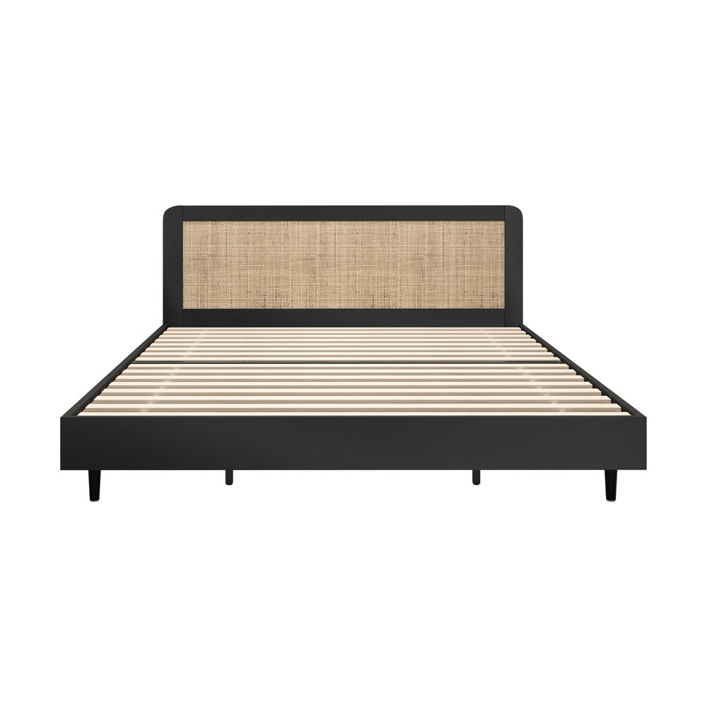 Oikiture Bed Frame King Size Real Rattan Headboard Black