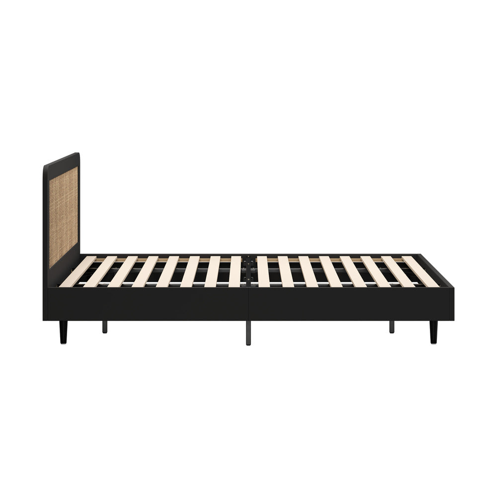 Oikiture Bed Frame King Size Real Rattan Headboard Black
