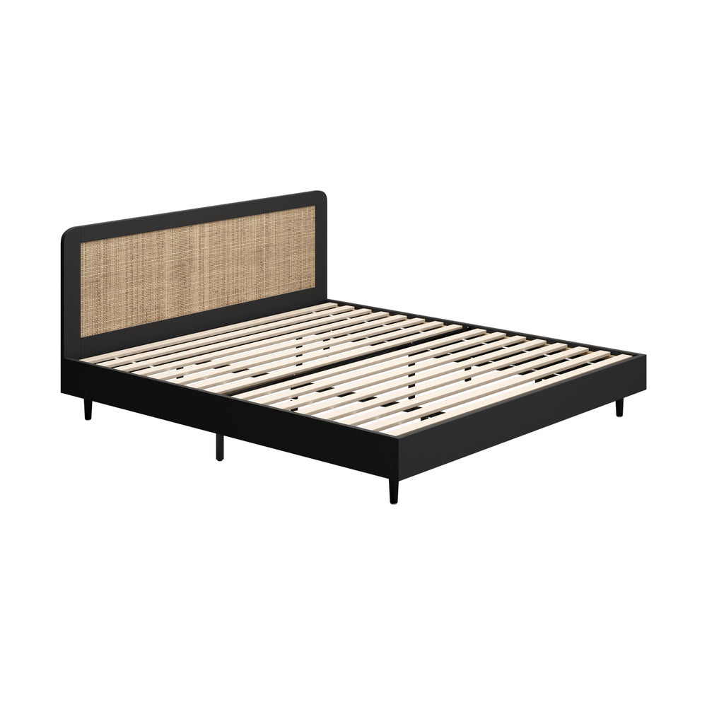 Oikiture Bed Frame King Size Real Rattan Headboard Black