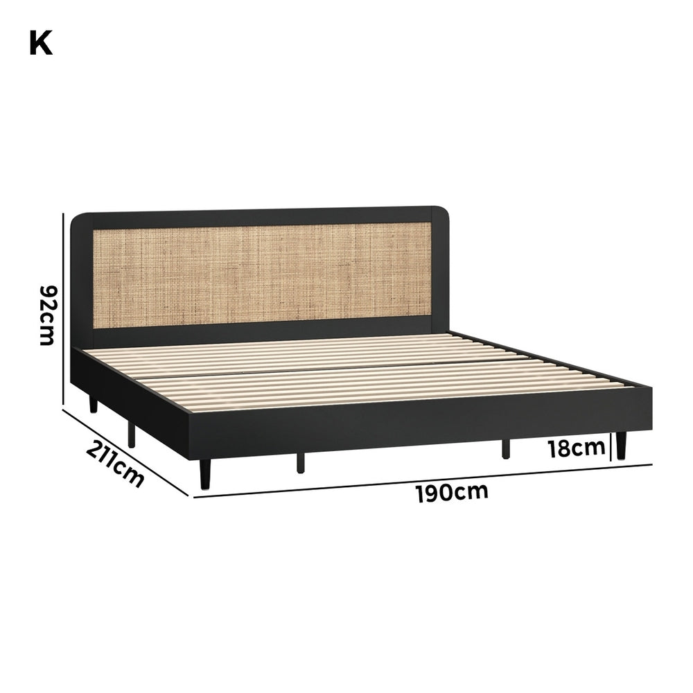 Oikiture Bed Frame King Size Real Rattan Headboard Black