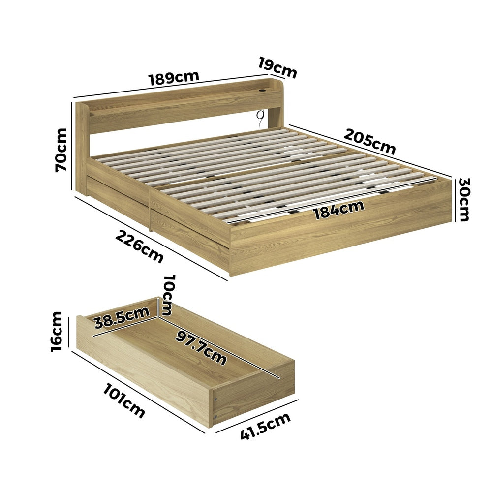 Oikiture King size Bed Frame with Charging Ports 2 Drawers Natural