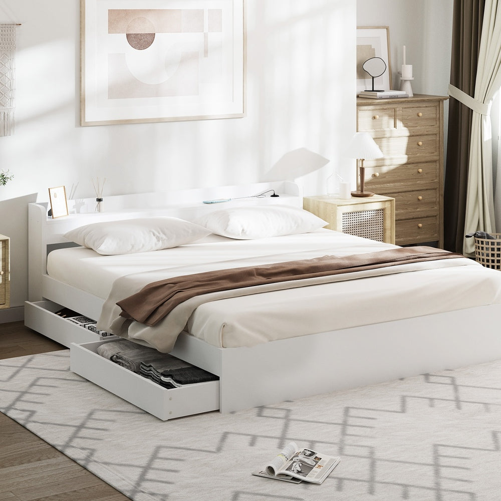 Oikiture Bed Frame King Size with 2 Drawers Charging Ports White