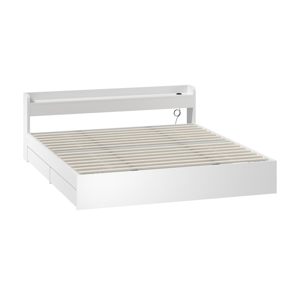 Oikiture Bed Frame King Size with 2 Drawers Charging Ports White