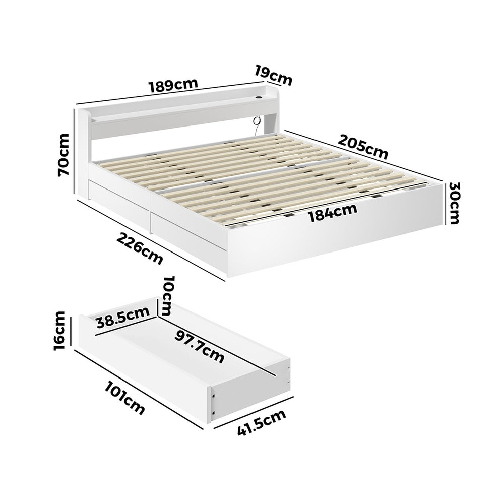 Oikiture Bed Frame King Size with 2 Drawers Charging Ports White