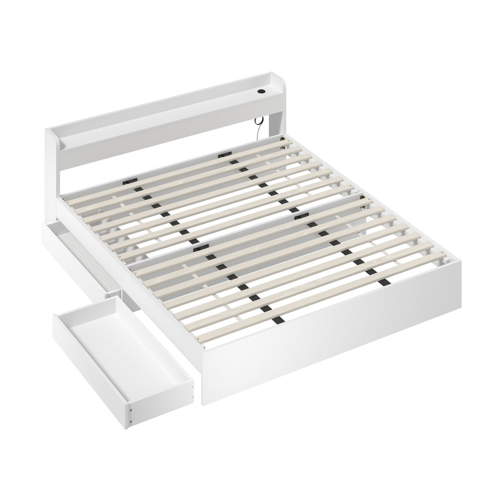 Oikiture Bed Frame King Size with 2 Drawers Charging Ports White