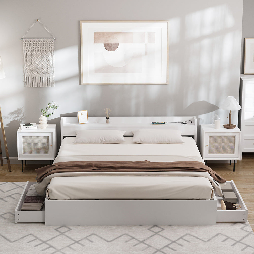 Oikiture Bed Frame King Size with 2 Drawers Charging Ports White