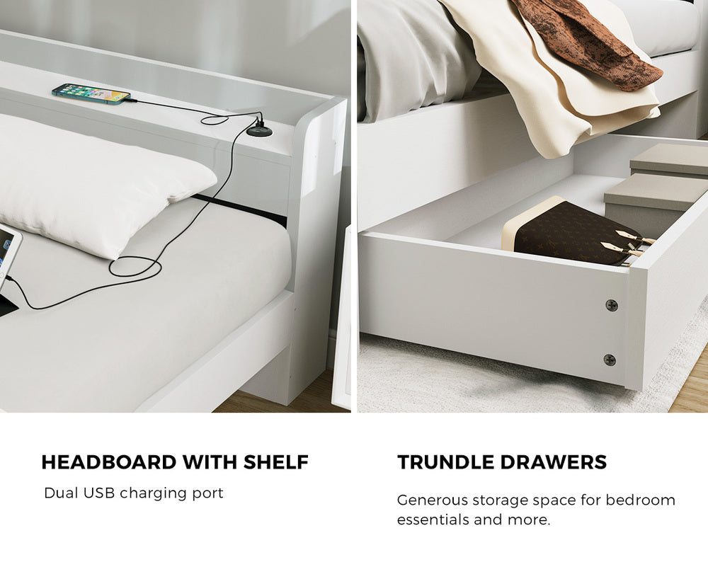 Oikiture Bed Frame King Size with 2 Drawers Charging Ports White