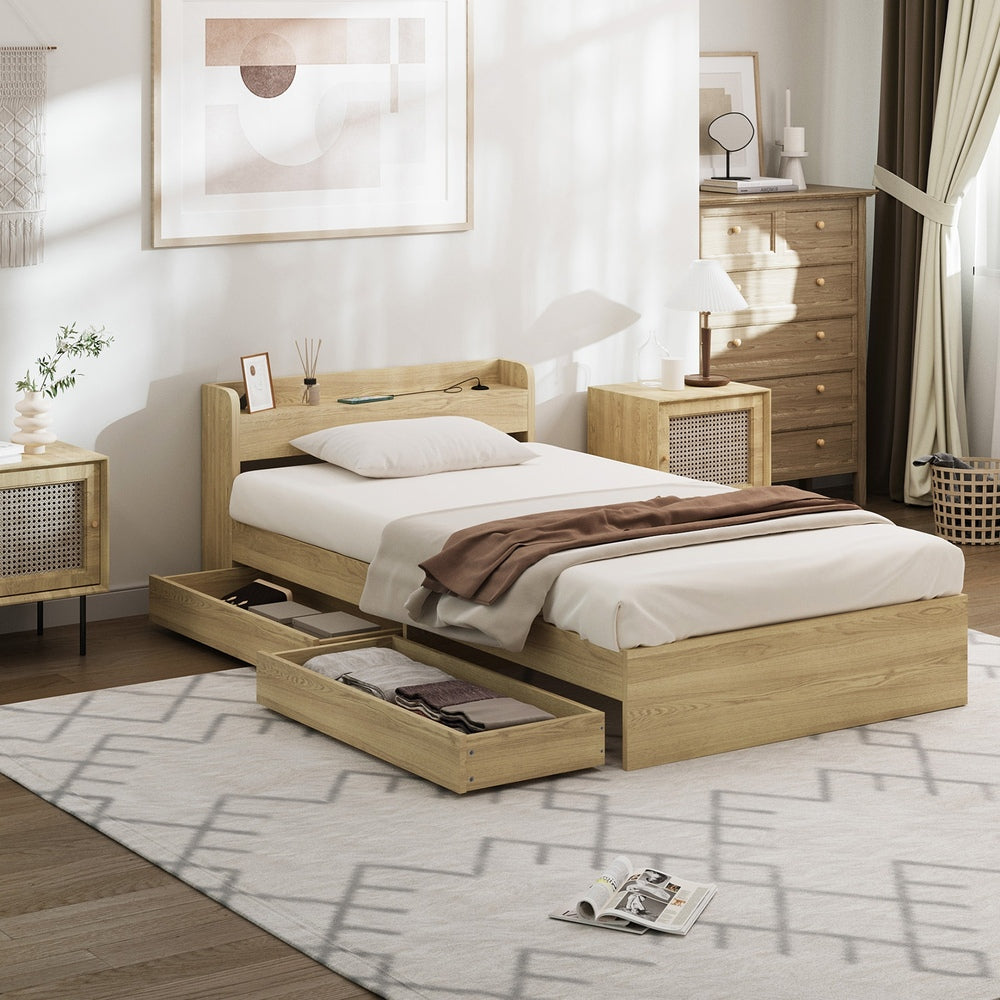 Oikiture King Single Bed Frame with Charging Ports 2 Drawers