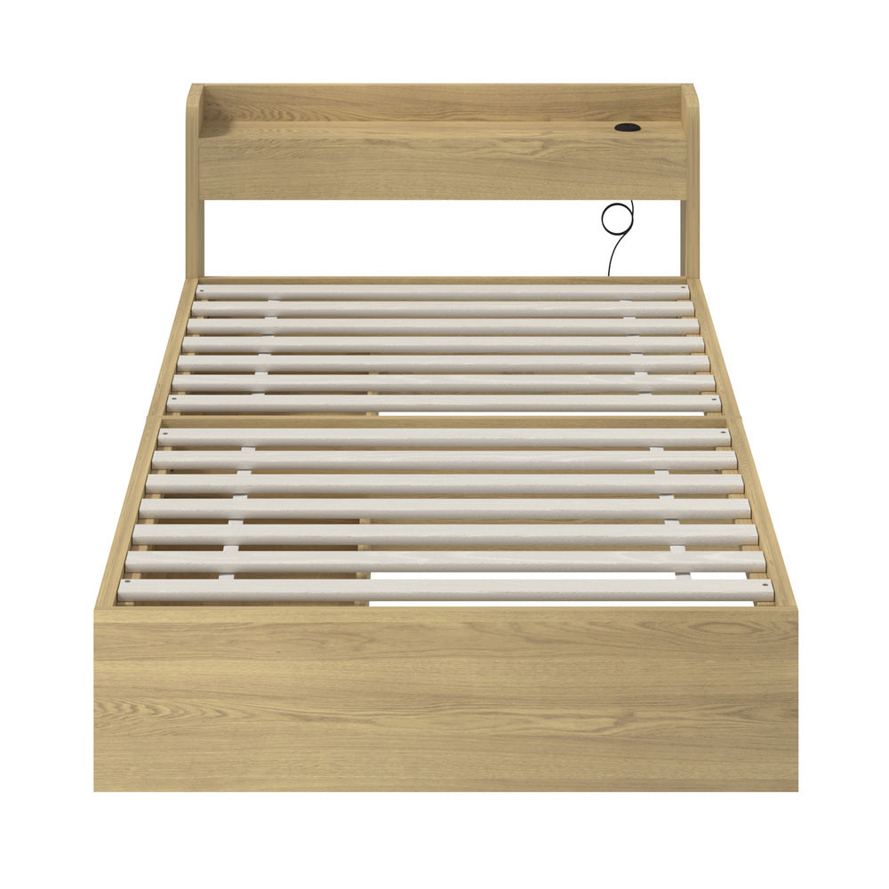 Oikiture King Single Bed Frame with Charging Ports 2 Drawers