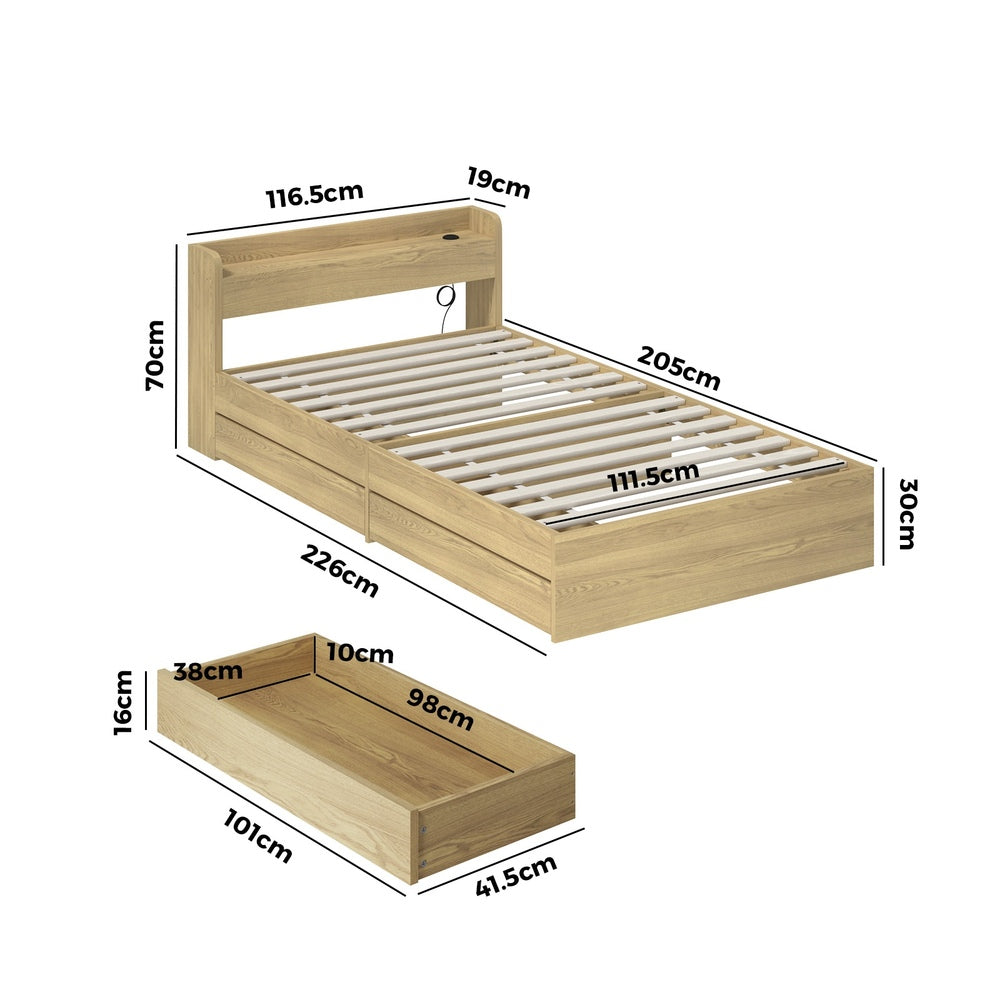 Oikiture King Single Bed Frame with Charging Ports 2 Drawers