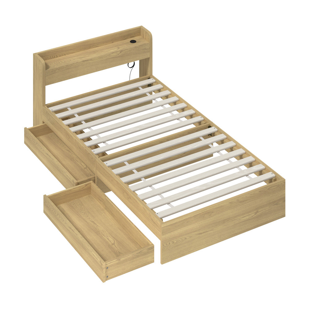 Oikiture King Single Bed Frame with Charging Ports 2 Drawers