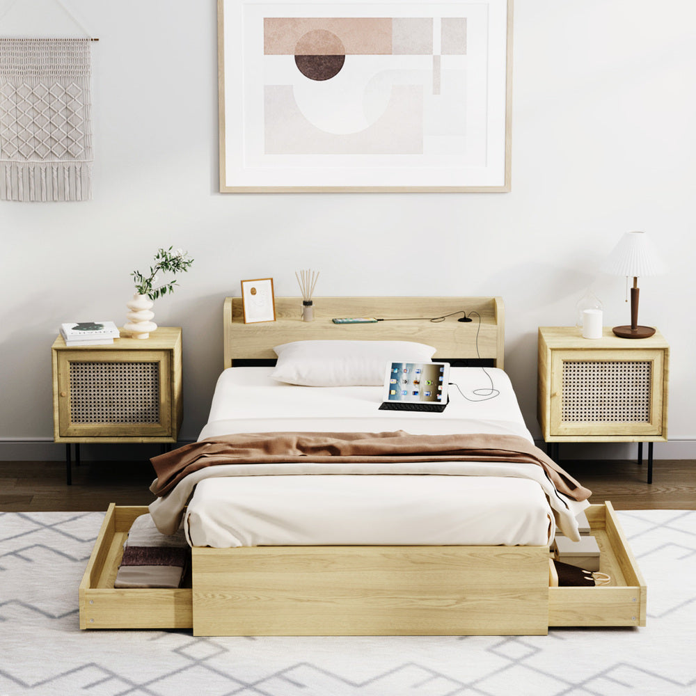 Oikiture King Single Bed Frame with Charging Ports 2 Drawers