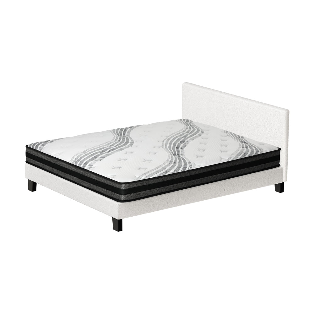 Oikiture Bed Frame with Double Mattress Set Boucle Fabric White