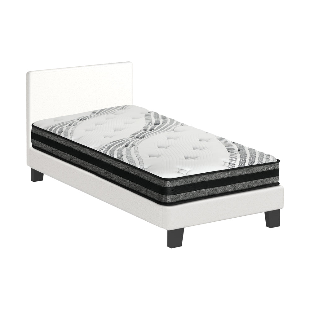 Oikiture Bed Frame with Single Size Mattress Set Boucle Fabric White