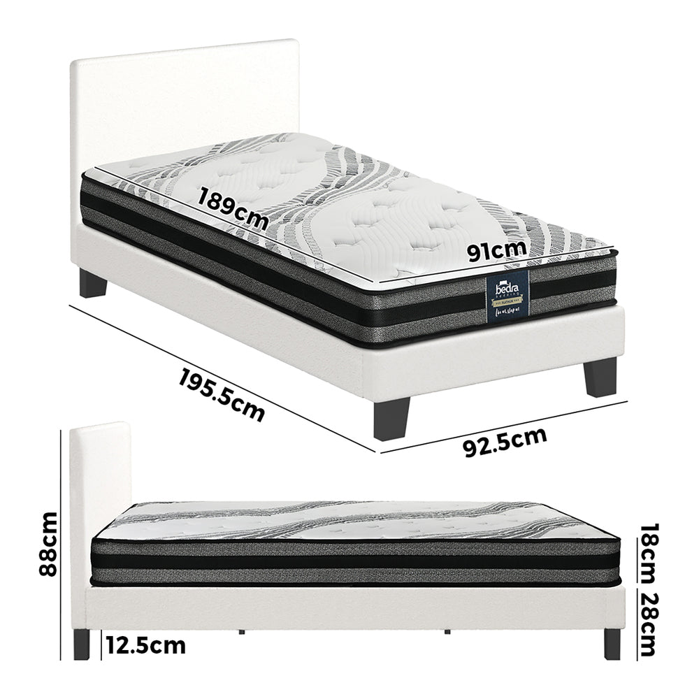 Oikiture Bed Frame with Single Size Mattress Set Boucle Fabric White