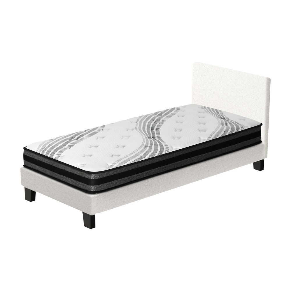 Oikiture Bed Frame with Single Size Mattress Set Boucle Fabric White