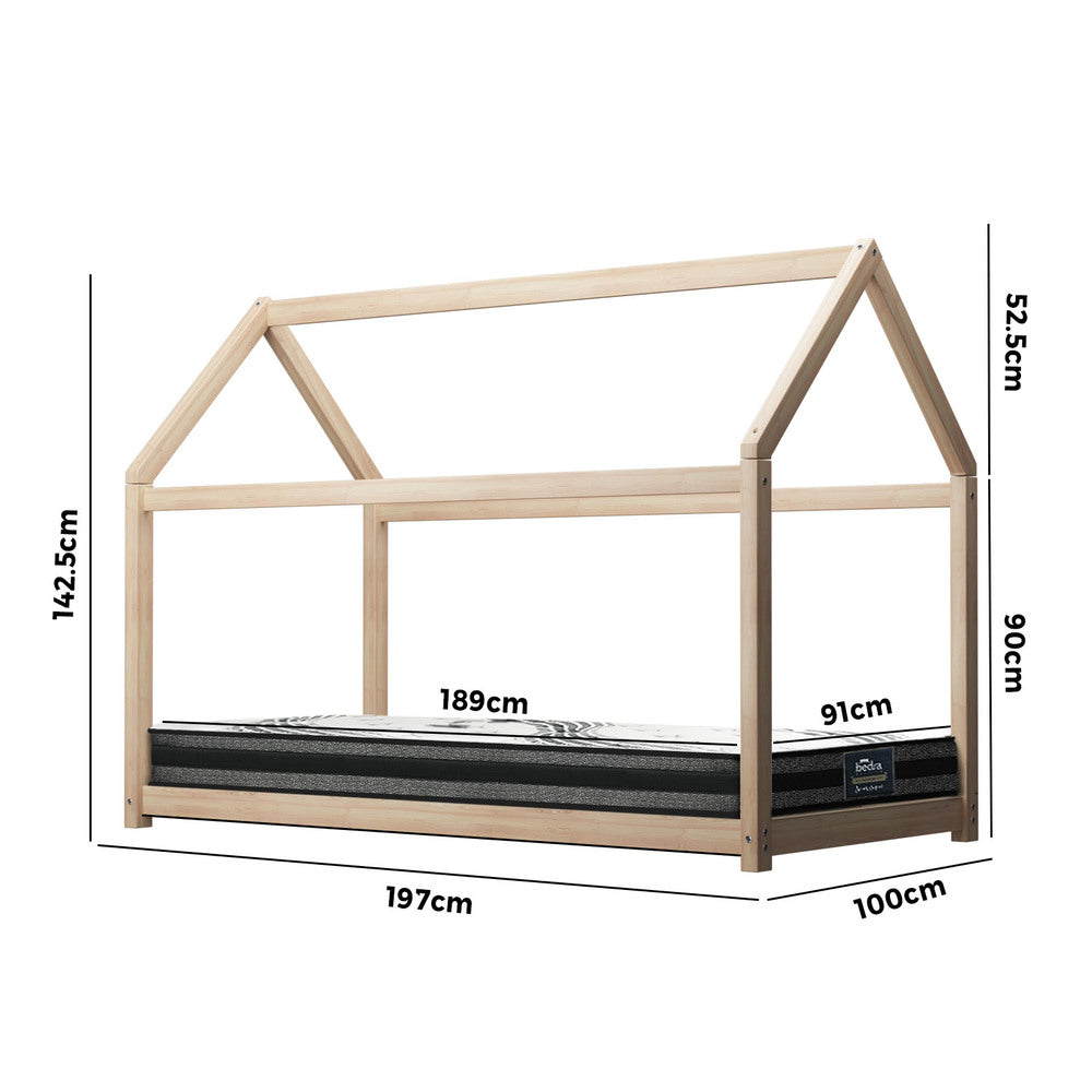 Oikiture Kids Bed Frame With Single Mattress Set House Style Wooden