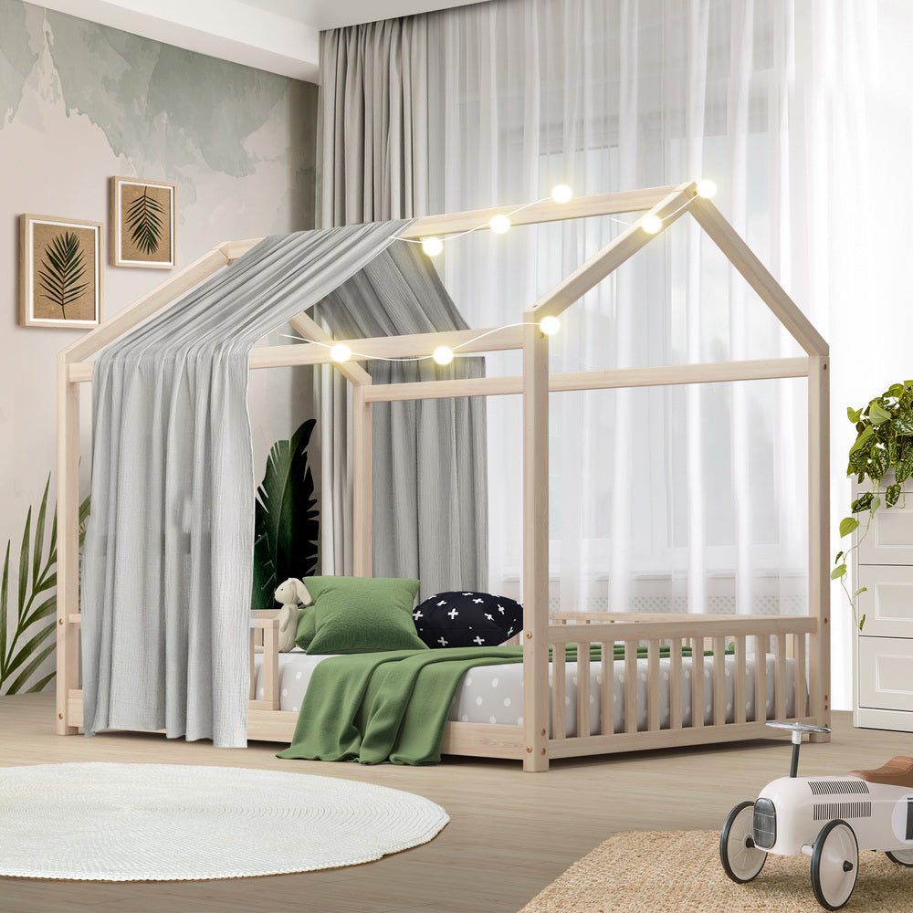 Oikiture Kids Wooden Bed Frame Double Size House Platform Natural