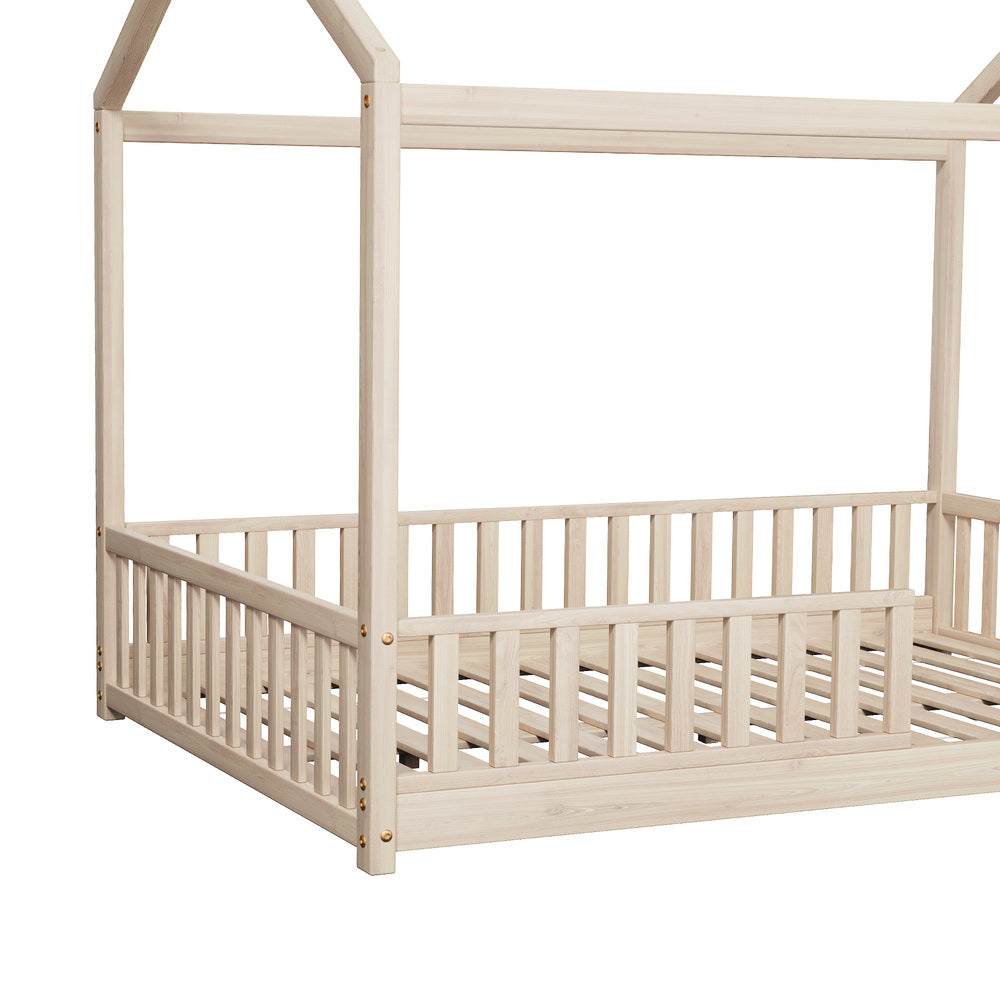 Oikiture Kids Wooden Bed Frame Double Size House Platform Natural