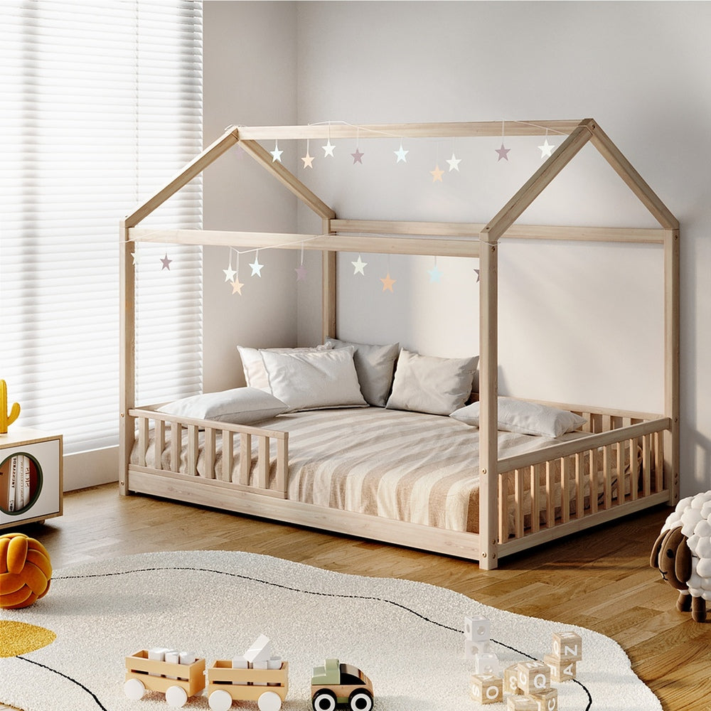 Oikiture Kids Wooden Bed Frame Double Size House Platform Natural