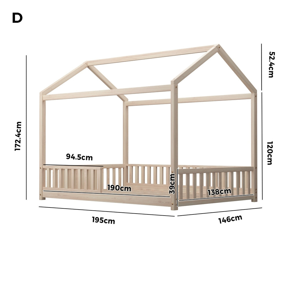 Oikiture Kids Wooden Bed Frame Double Size House Platform Natural