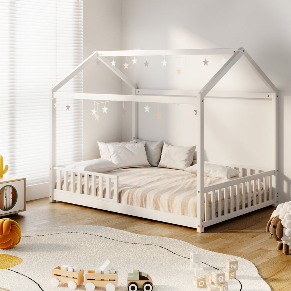 Oikiture Kids Wooden Bed Frame House Beds Platform Double White Timber Pine