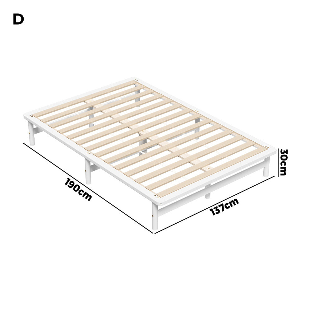 Oikiture Double Wooden Bed Frame Solid Pine Timber White