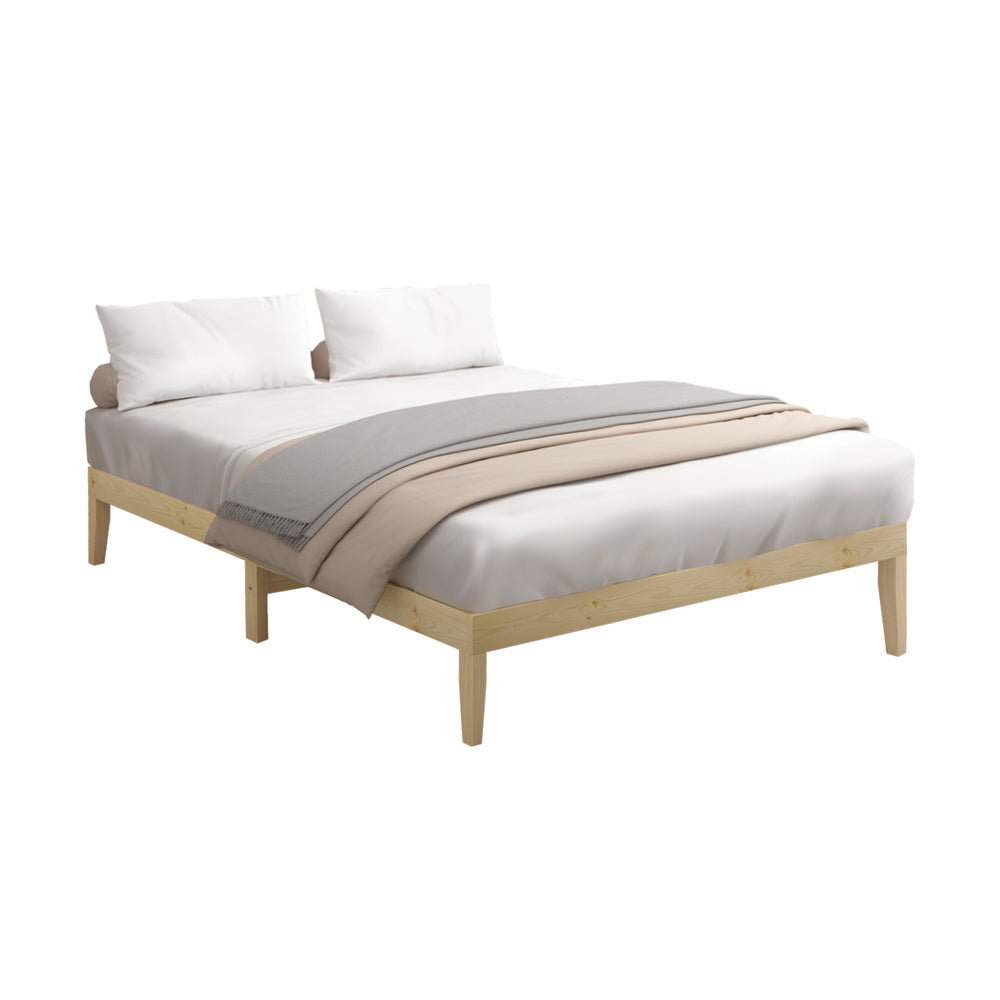 Oikiture Bed Frame Double Size Pine Wood Bed Base