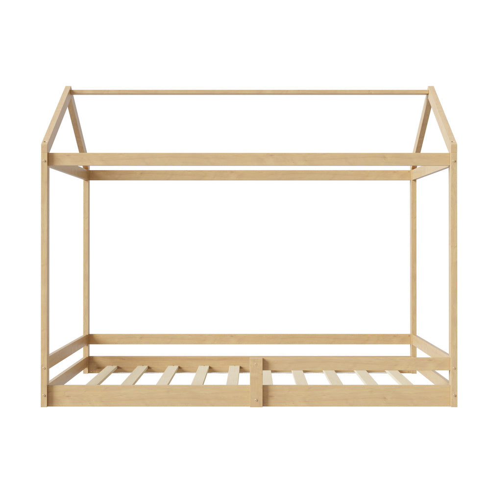Oikiture Double Kids Wooden Bed Frame House Beds with Fence Natural