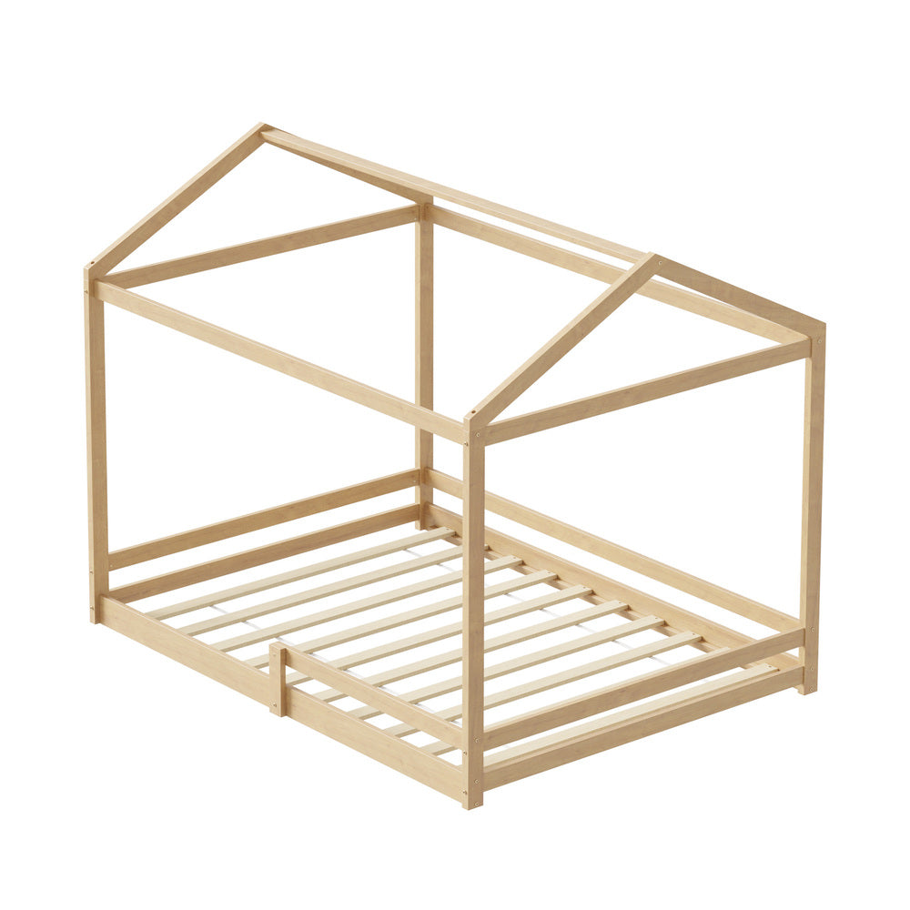 Oikiture Double Kids Wooden Bed Frame House Beds with Fence Natural