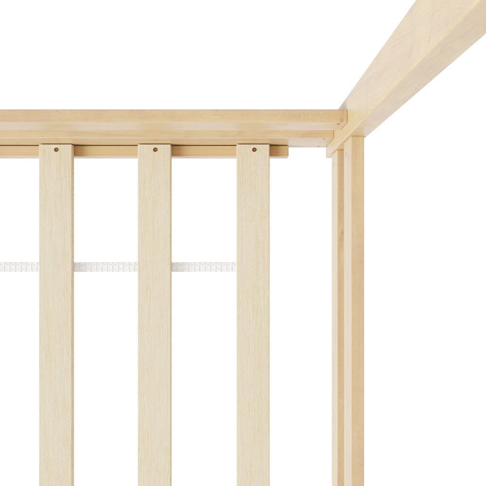 Oikiture Double Kids Wooden Bed Frame House Beds with Fence Natural