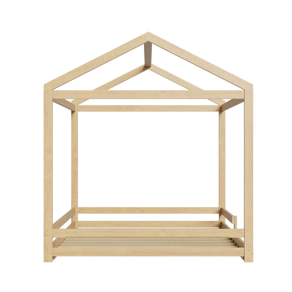 Oikiture Double Kids Wooden Bed Frame House Beds with Fence Natural