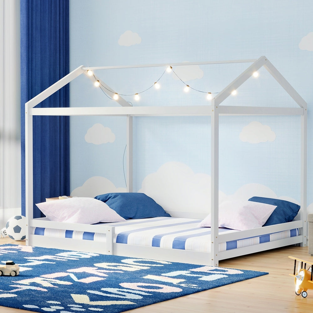 Oikiture Kids Wooden Bed Frame House Base with Fence Double White