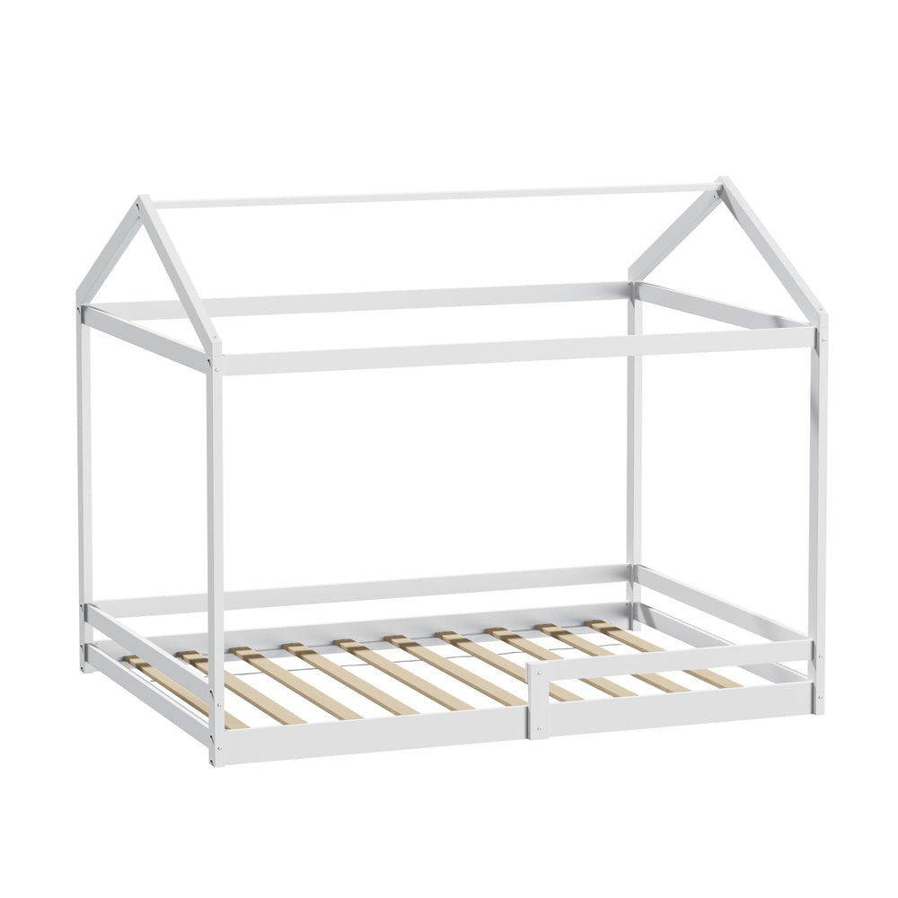 Oikiture Kids Wooden Bed Frame House Base with Fence Double White
