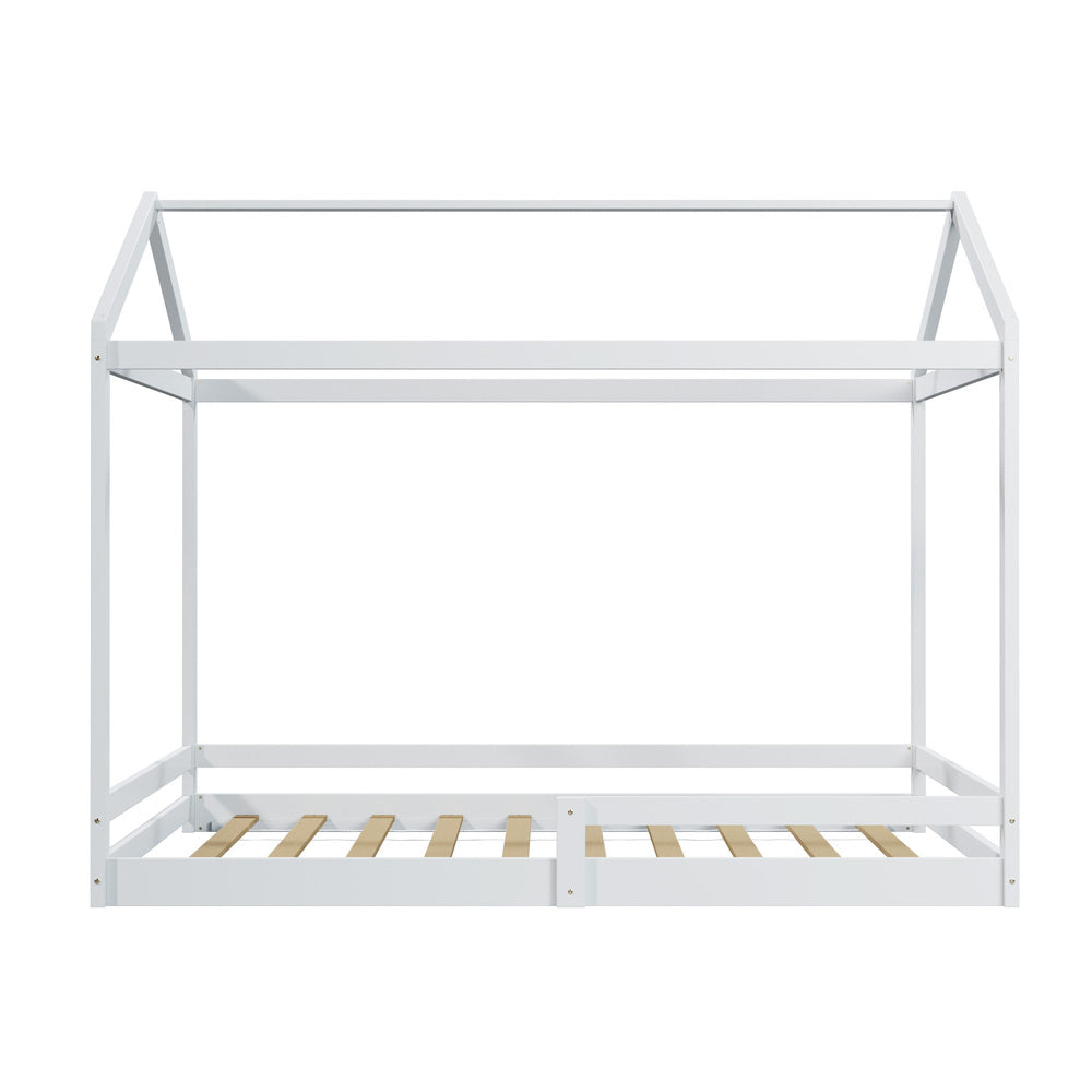 Oikiture Kids Wooden Bed Frame House Base with Fence Double White