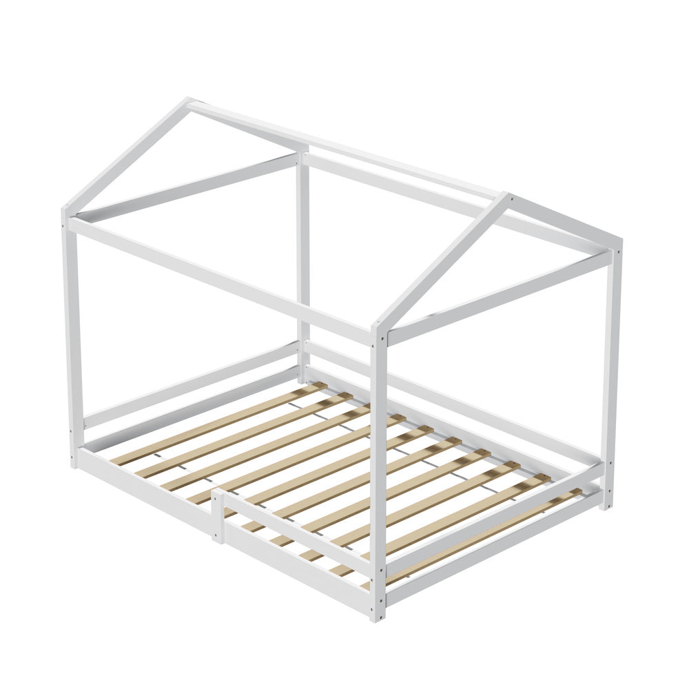 Oikiture Kids Wooden Bed Frame House Base with Fence Double White