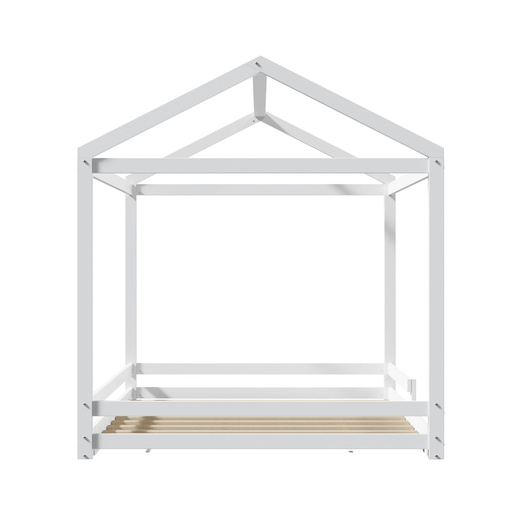 Oikiture Kids Wooden Bed Frame House Base with Fence Double White