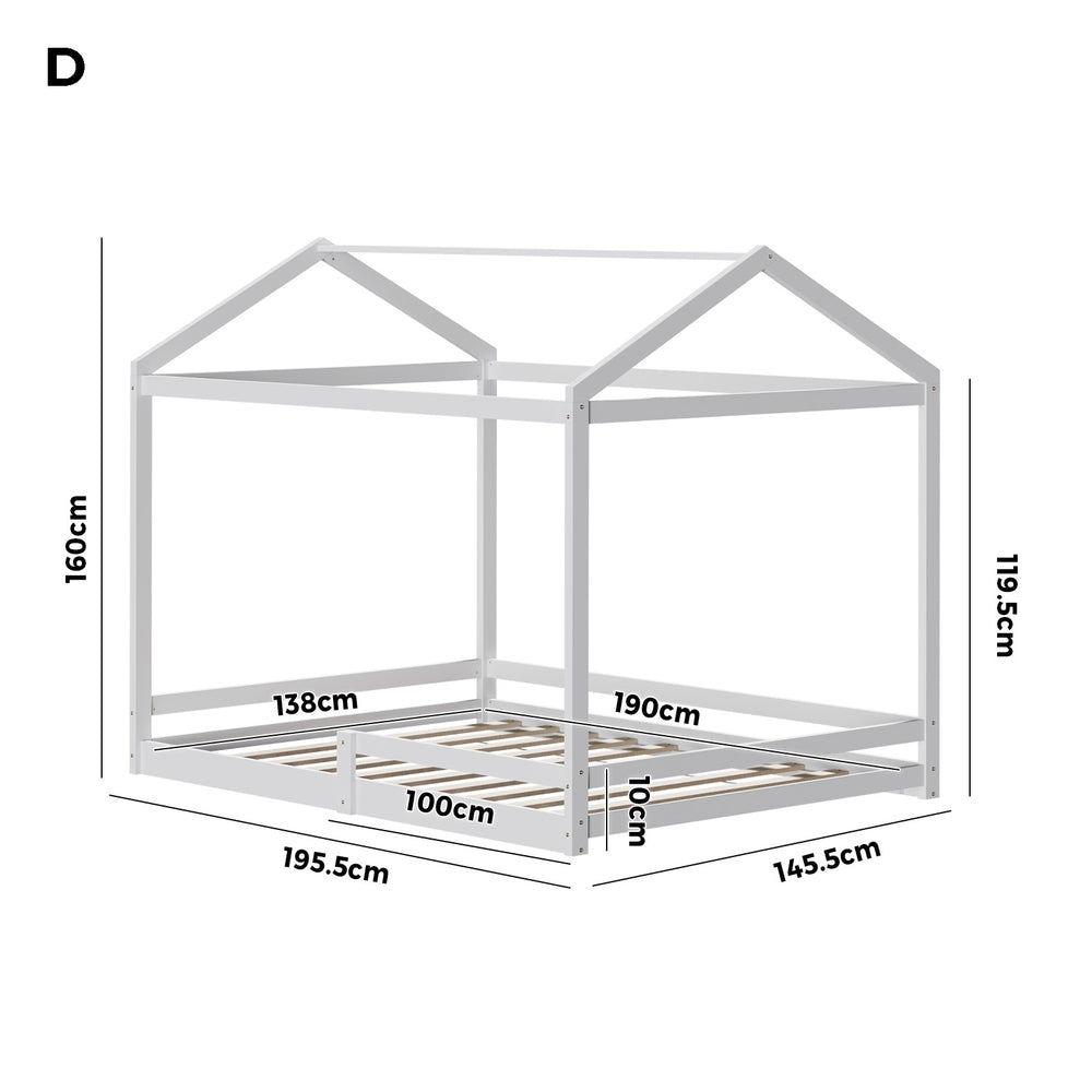 Oikiture Kids Wooden Bed Frame House Base with Fence Double White