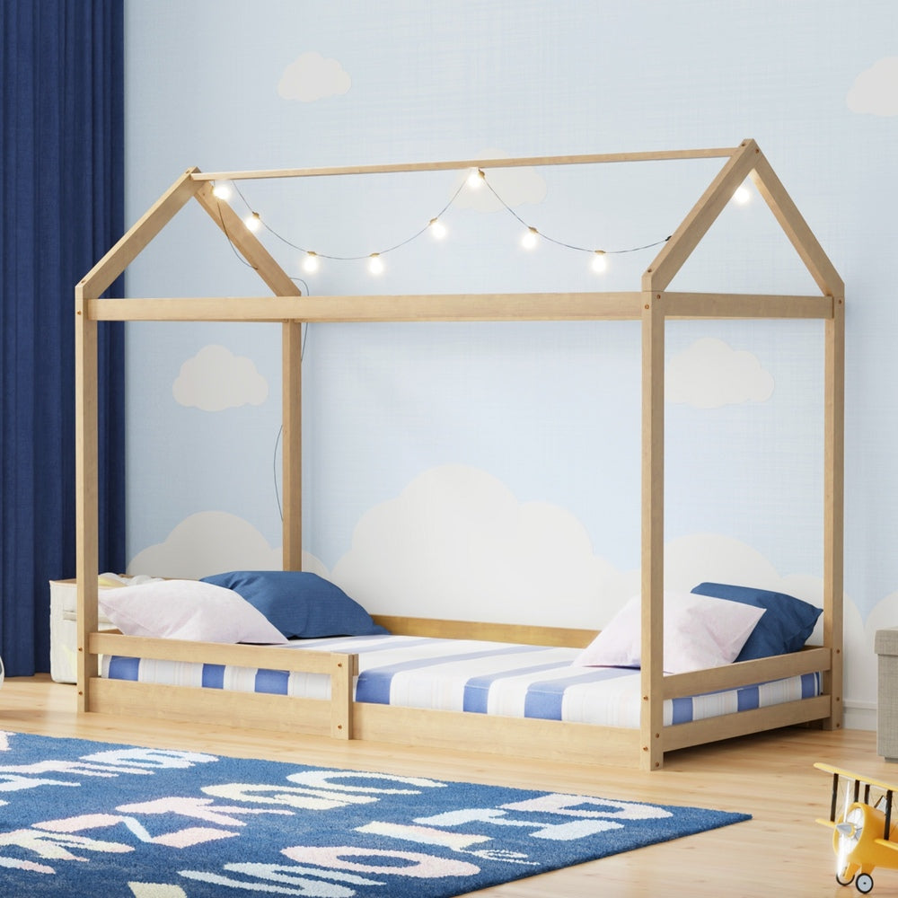 Oikiture Kids Wooden Bed Frame House Frame Timber with Fence Single Natural