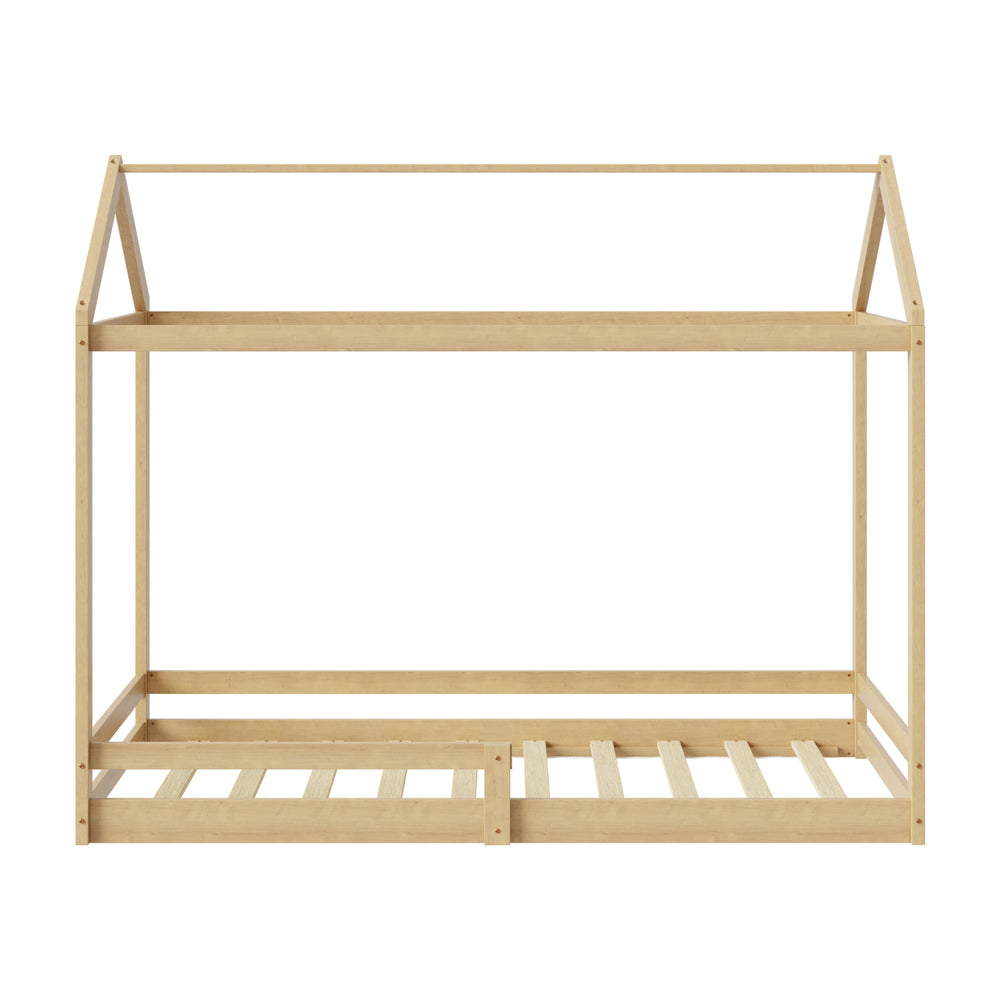 Oikiture Kids Wooden Bed Frame House Frame Timber with Fence Single Natural