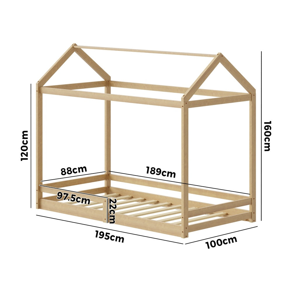 Oikiture Kids Wooden Bed Frame House Frame Timber with Fence Single Natural