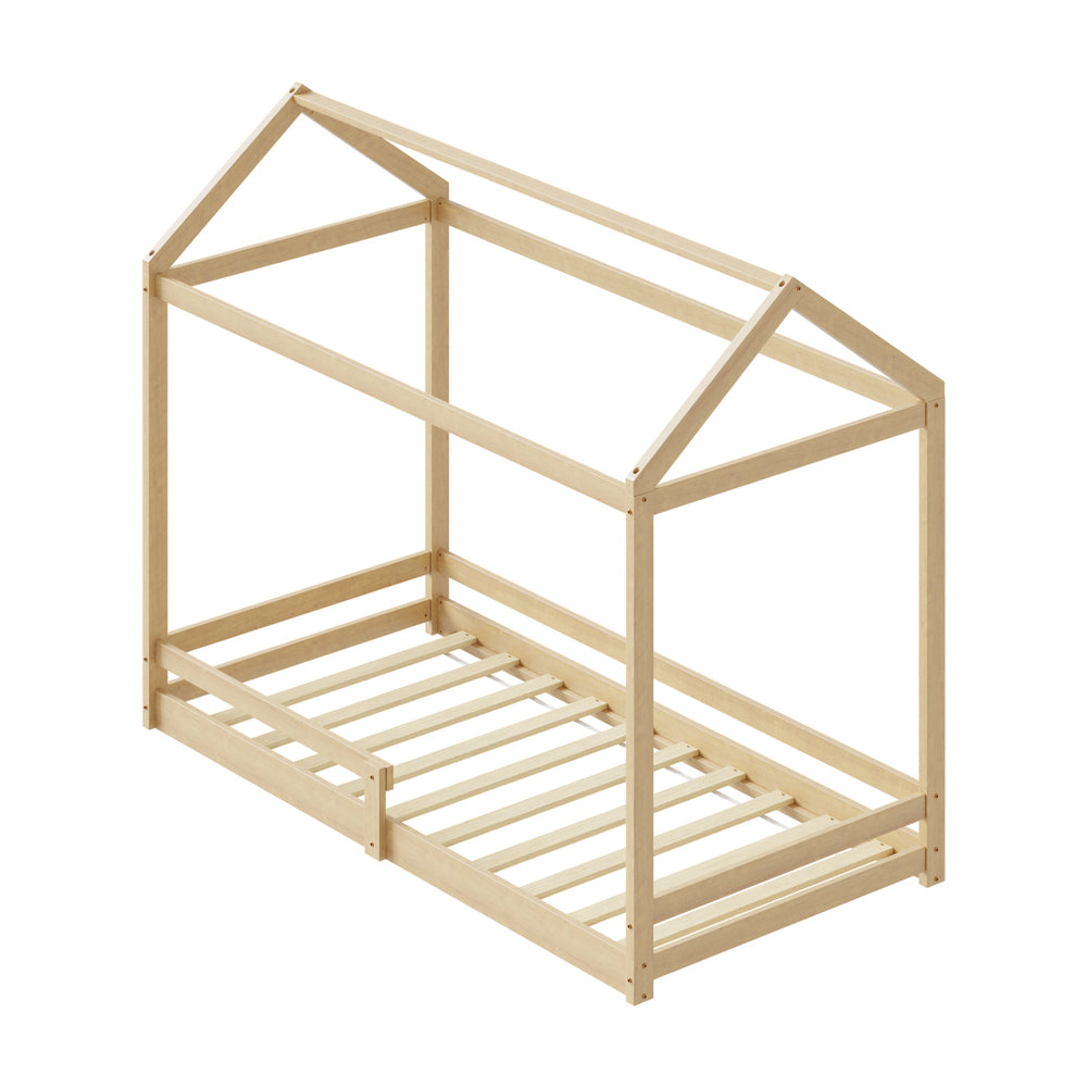 Oikiture Kids Wooden Bed Frame House Frame Timber with Fence Single Natural