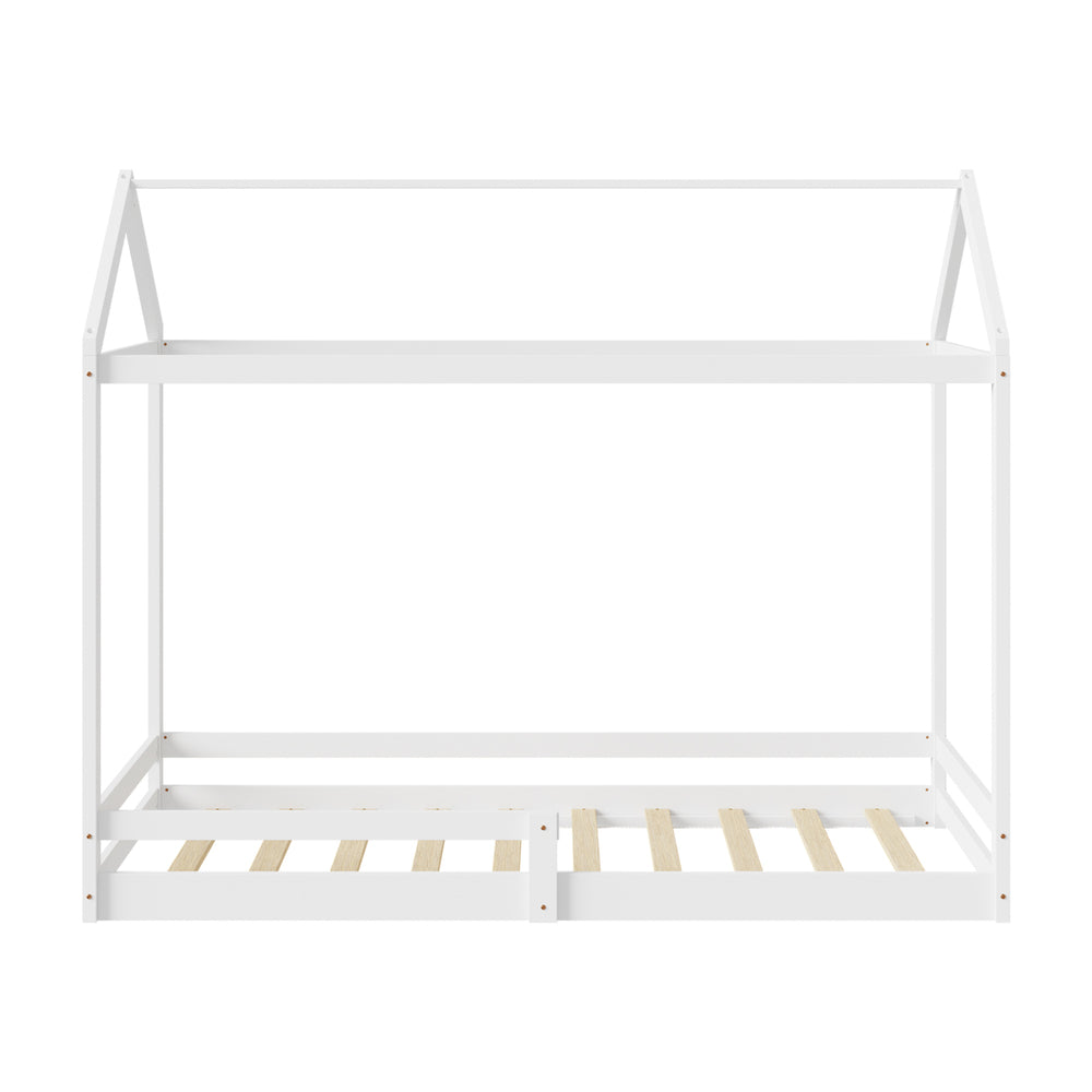 Oikiture Kids Wooden Bed Frame House Frame Timber with Fence Single White