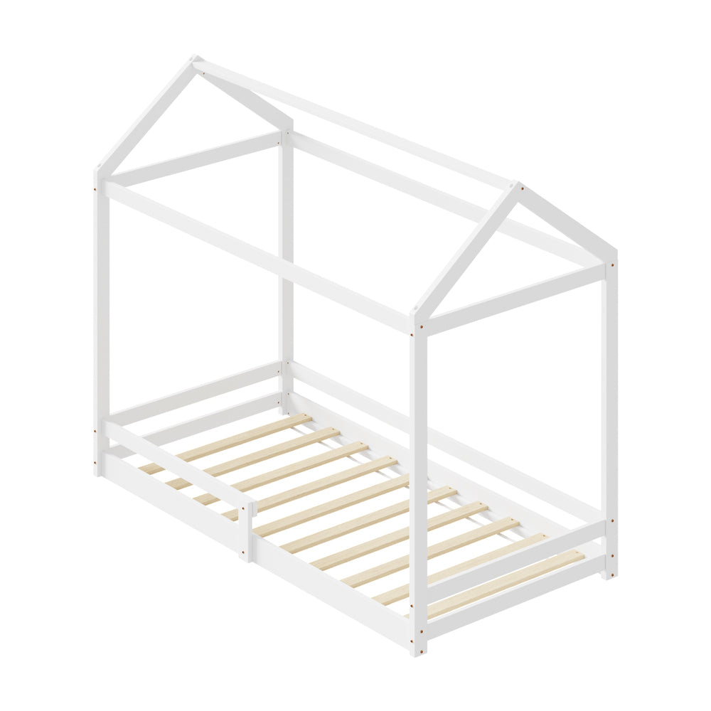 Oikiture Kids Wooden Bed Frame House Frame Timber with Fence Single White
